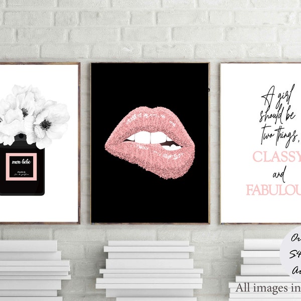 Perfume Paris prints, blush pink posters, fashion wall art, set of 3, mon bebe perfume, chan quote, digital download, vanity decor, lips art