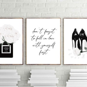 Arte mural de moda, impresión de perfume de París, perfume de rosa blanca, juego de 3, carteles en blanco y negro, impresión artística de tacones, cita inspiradora, digital
