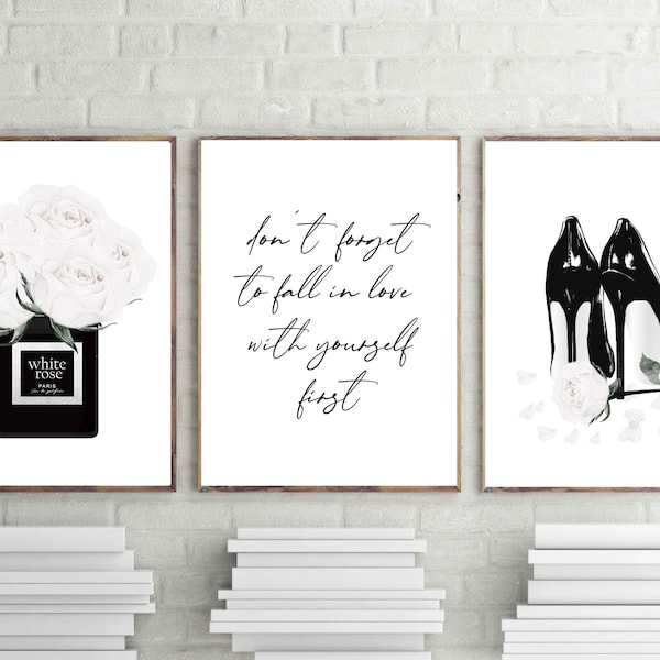 Paris Fashion Art Prints, parfum, hakken, decor roos (digitale download)