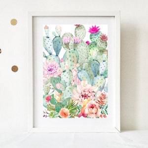 Impresión de cactus en acuarela, arte de pared con cactus, arte imprimible de flores, decoración boho, póster boho, arte de estilo boho gitano, botánico, estampado floral