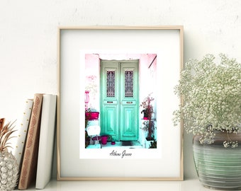 Door printable art, Greece print, Rustic Door wall art,Athens photography, green doors, teal wall decor, door Athens anafiotika digital art