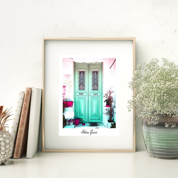 Door printable art, Greece print, Rustic Door wall art,Athens photography, green doors, teal wall decor, door Athens anafiotika digital art