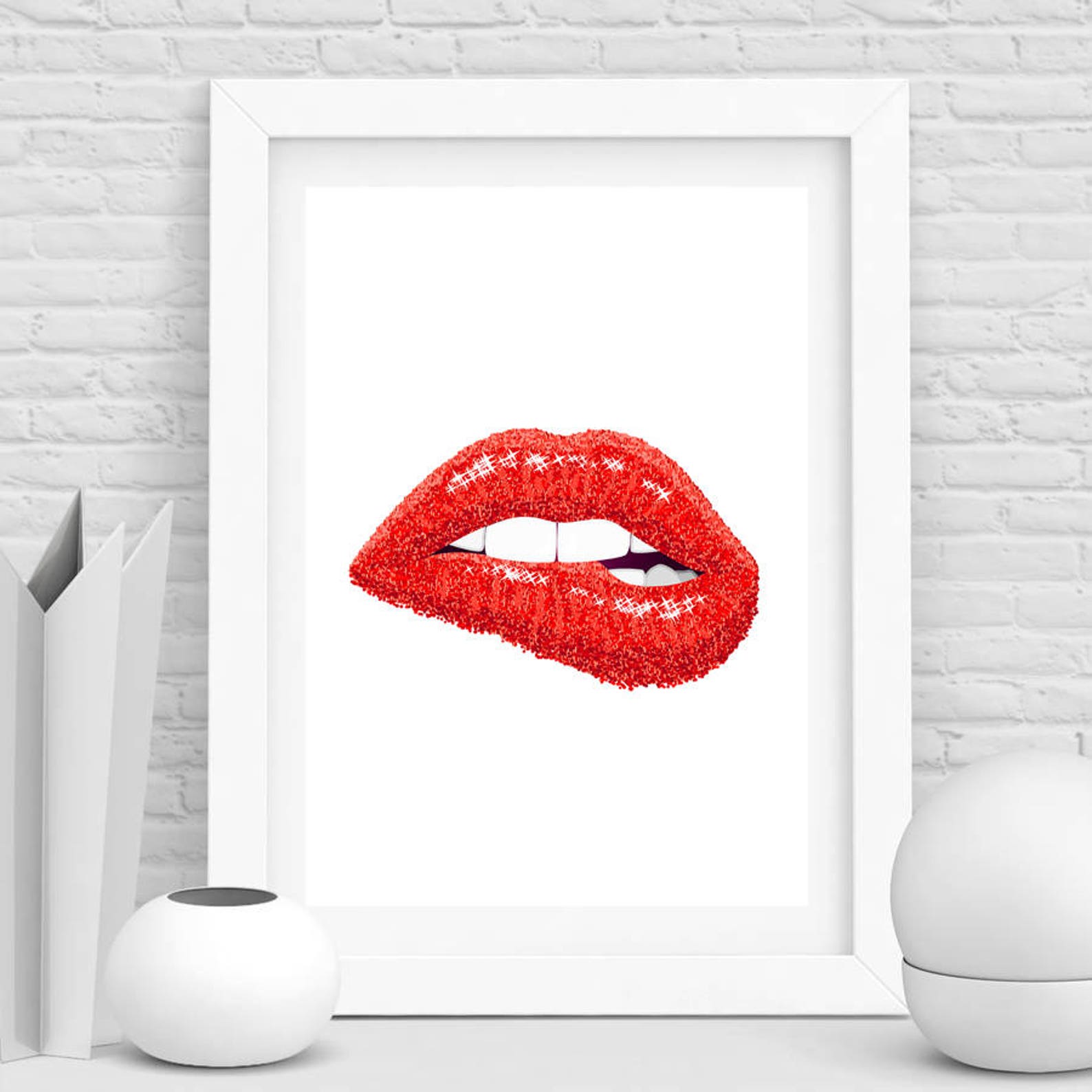 Red lips print fashion wall art sparkle lips poster red Etsy