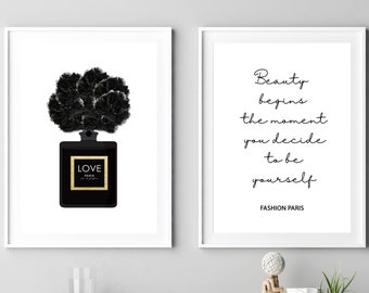 Paris Fashion Prints, zwarte parfumfles, schoonheidscitaat (digitale download)