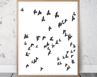 Birds Print, birds abstract Printable, Flock Of Birds Wall Art, Minimalist Poster, Black And White, nordic interior, Scandinavian decor