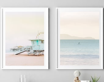 Set of 2, Surf print, Ocean Wall art, Beach Photography, Lifeguard Tower Poster, Pastel Colors, Coastal Prints, Sea Art, Tropical Prints
