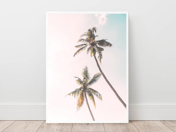 Palm Tree Print, Tropical Hawaii Wall Art, Blush Pink Sky (Digital Download)