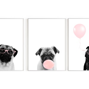 estampas de pug, estampas rosa blush, decoração de berçário, conjunto de 3, pôsteres de cachorrinhos, arte de parede de cachorrinhos pugs, estampa de chiclete, quarto de meninas, digital