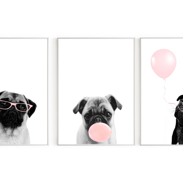 pug prints,  blush pink prints, nursery decor, set of 3, puppy posters, puppy pugs  wall art, bubble gum print, baby girls bedroom, digital