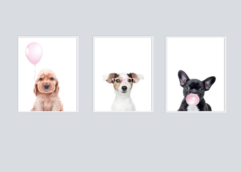 Cute Puppies, Nursery Wall Art, Dog Prints, Set of 3, Light Pink Posters, Bubble gum Print, Balloon Printable Art,Beagle Print,Girls Bedroom image 1