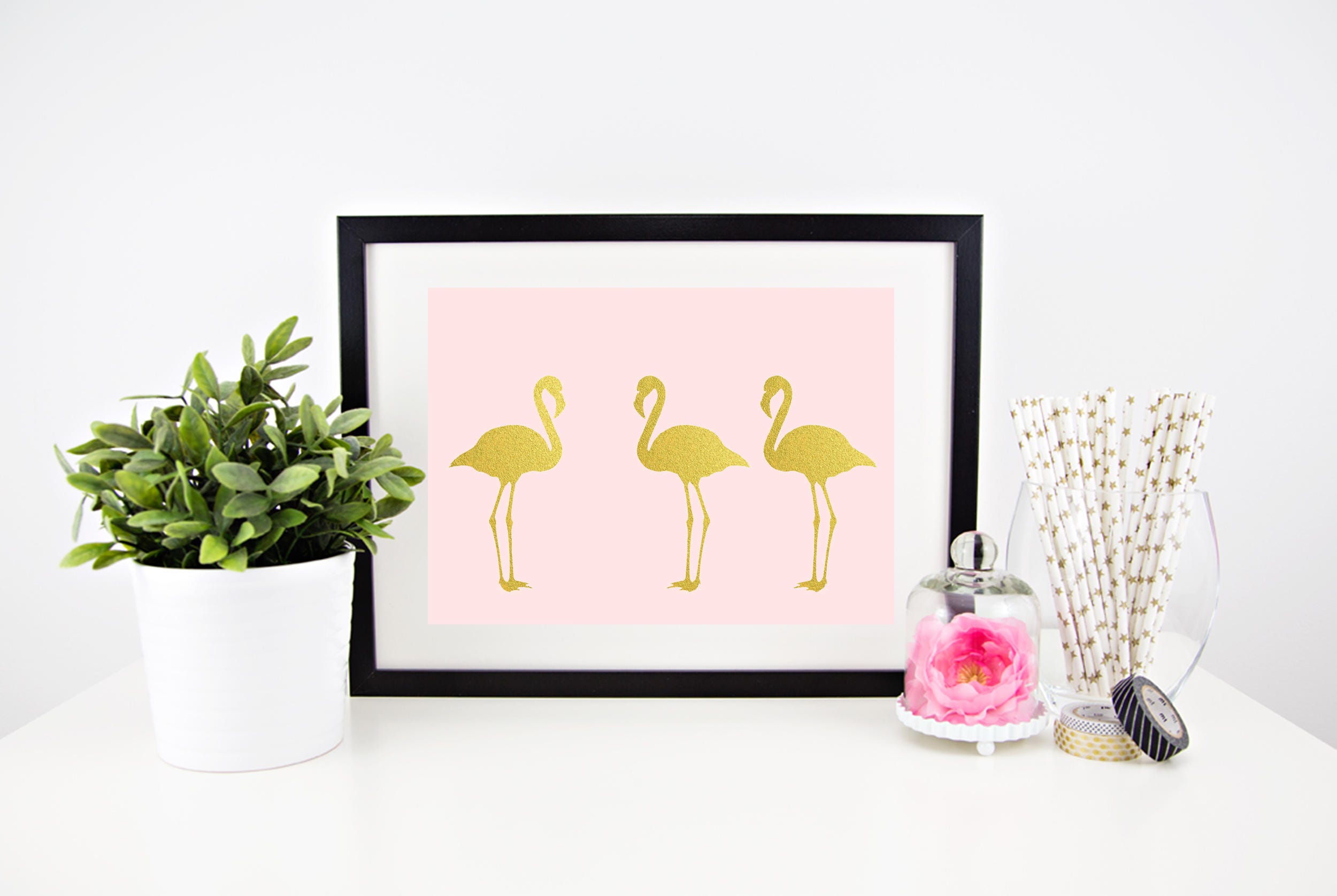 flamingo print pink tropical wall art rose gold flamingo Etsy