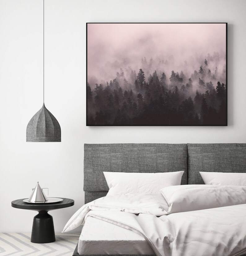 Pink Foggy Photography Mountain Poster Foggy Mountain Print Forest Fog Print Scandinavian wall art Nordic Nature Print Minimal Art