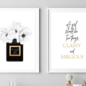 Perfume Paris prints, fashion posters, black and white wall art, set of 2, a girl should be, coco quote, gold digital art, vanity decor