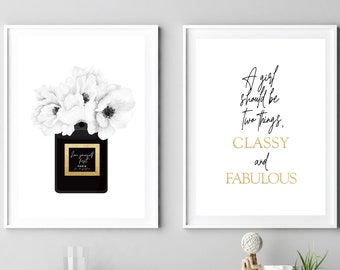 Perfume Paris prints, fashion posters, black and white wall art, set of 2, a girl should be, coco quote, gold digital art, vanity decor