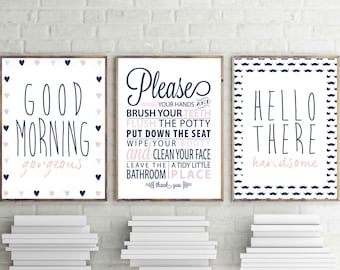 bathroom wall art, navy blue prints, good morning gorgeous print, hello handsome art, bathroom rules wall décor, set of 3,blush pink posters