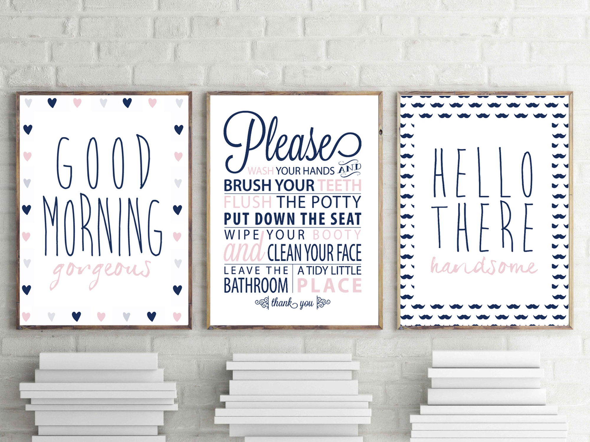 Bathroom Wall Art Navy Blue Prints Good Morning Etsy