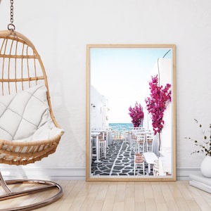 Paros Druck, Griechenland Wandkunst, weiße und Fuchsia Kunst, griechische Drucke, Bougainvillea Poster, Reisefotografie, Ozean Druck, digitaler Download