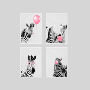 Conjunto de 4, estampados de cebra, carteles rosas, animal bebé, arte de pared de guardería, impresión de chicle, arte de globos, dormitorio de niña, descarga digital femenina