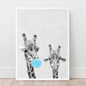 Giraffe Bubble Gum Print, Nursery Wall Art, Safari Animals (Digital Download)