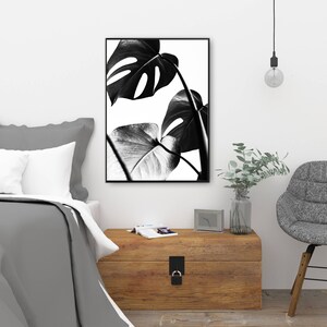 Monstera print, tropical leaves wall art, plant poster, black and white, minimal decor, bedroom digital download, botanical printable art image 6