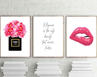 Hot Pink Fashion Prints, Perfume, Lips, Quote, Vanity Decor (Digital Download)