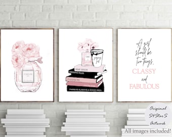 fashion prints, perfume posters, fashion books print, set of 3, quote image, bedroom wall art, vanity decor, peonies printable, digital art