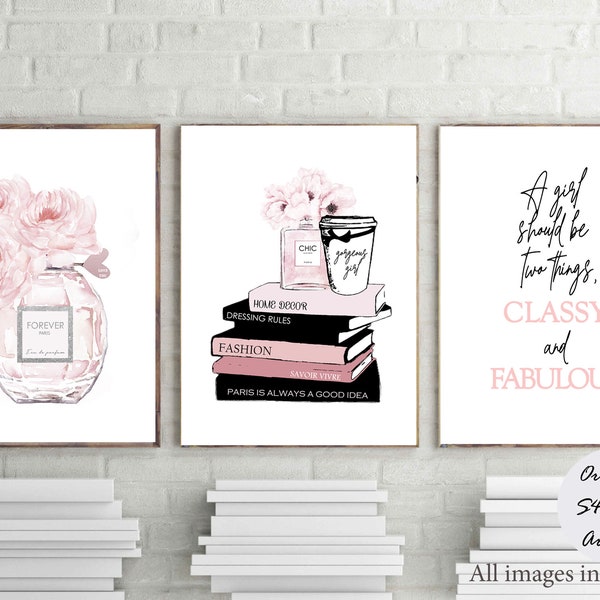 fashion prints, perfume posters, fashion books print, set of 3, quote image, bedroom wall art, vanity decor, peonies printable, digital art