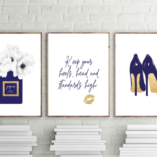 paris perfume print, navy blue posters, heels wall art, keep your heels quote print, fashion wall art, gorgeous perfume, digital download