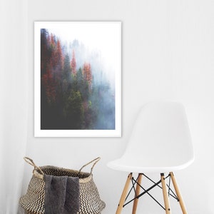 May include: A framed print of a misty forest scene with tall trees in shades of green and orange. The print is hanging on a white wall above a white chair with wooden legs.