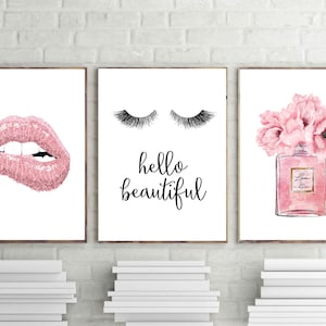 love paris prints, pink lips poster, perfume print, fashion wall art,  eyelashes art, perfume poster, set of 3,digital download,vanity decor