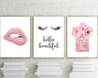 love paris prints, pink lips poster, perfume print, fashion wall art,  eyelashes art, perfume poster, set of 3,digital download,vanity decor