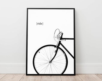 bike print, bicycle poster, cycling wall art, minimal wall decor, ride a bike digital, black and white printable art, contemporary decor