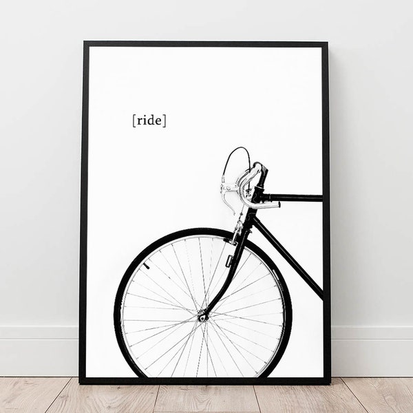 nadruk rowerowy, plakat rowerowy, sztuka ścienna rowerowa, minimalny wystrój ściany, jeździć na rowerze cyfrowym, czarno-biała sztuka do druku, współczesny wystrój