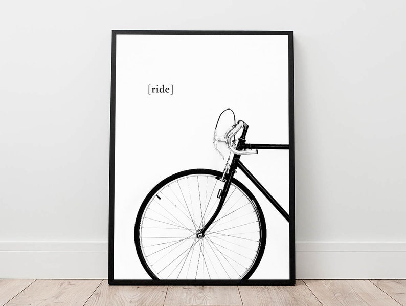 nadruk rowerowy, plakat rowerowy, sztuka ścienna rowerowa, minimalny wystrój ściany, jeździć na rowerze cyfrowym, czarno-biała sztuka do druku, współczesny wystrój zdjęcie 1