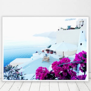 Santorini Print Greece Photography Santorini wall art Relax wall decor Sea print Ocean wall decor Greek islands print bougainvillea print image 1