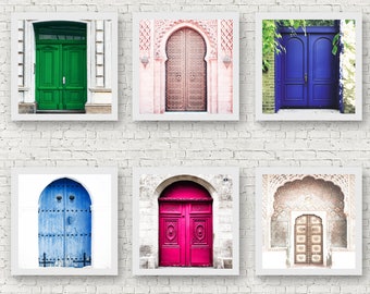 Doors wall art, fucksia Door print, set of 6 prints, blue doors poster, Mediterranean doors, architecture, oriental doors art, pink door art