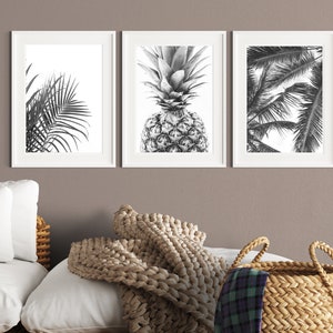 Palm leaves printable art, set of three, tropical prints, pineapple poster, black and white, minimal decor, palm tree wall art, digital art image 2