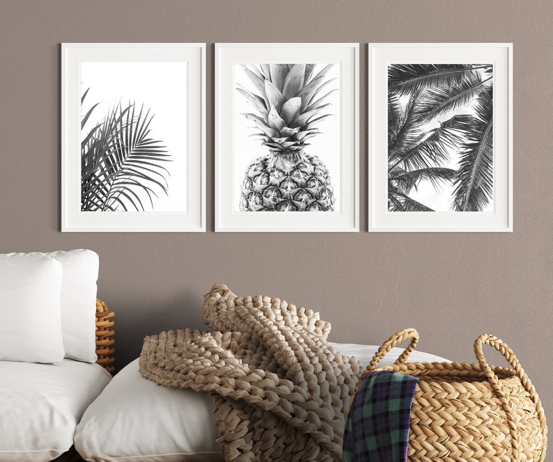 Palm leaves printable art, set of three, tropical prints, pineapple poster, black and white, minimal decor, palm tree wall art, digital art image 2