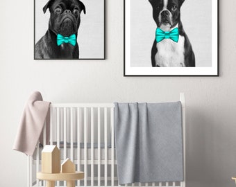 dogs prints, puppy posters, set of 2, teal prints, nursery wall art, pug printable art, Boston terrier poster, bow print, kids room download