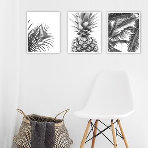 Palm leaves printable art, set of three, tropical prints, pineapple poster, black and white, minimal decor, palm tree wall art, digital art image 6