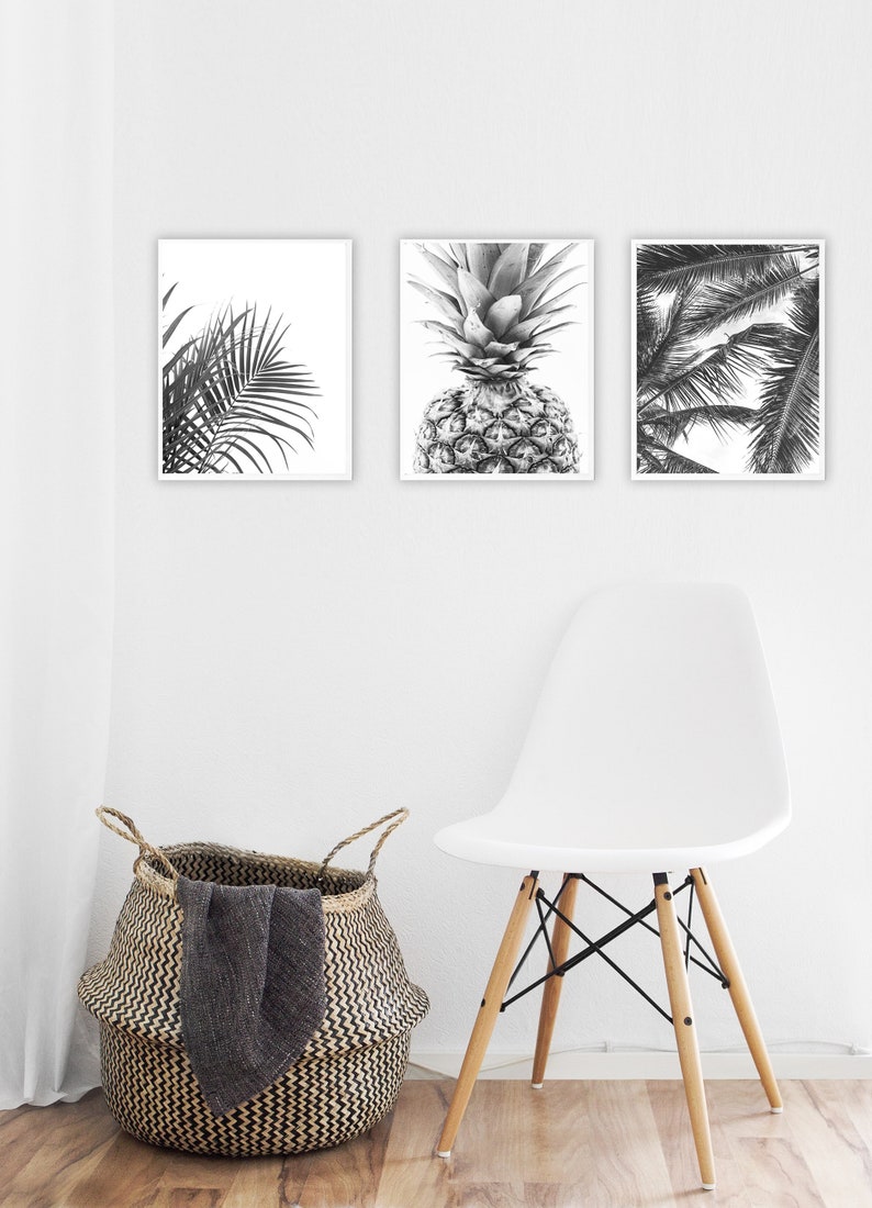 Palm leaves printable art, set of three, tropical prints, pineapple poster, black and white, minimal decor, palm tree wall art, digital art image 6