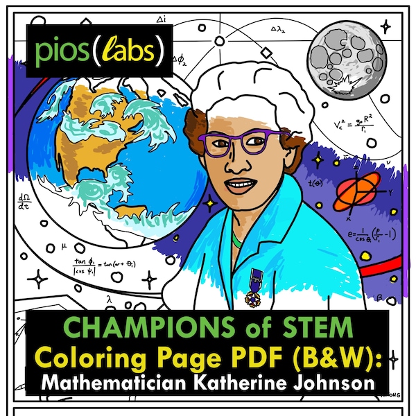 Scientist Coloring Page/Poster, B&W PDF: Mathematician Katherine Johnson,  NASA aerospace technologist (Champions of STEM series)