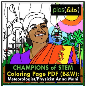 Página / pôster para colorir de cientista, PDF em preto e branco: Meteorologista e física Anna Mani (série Campeões da STEM)