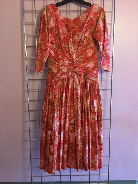 60s watercolor floral pleated dress. Lush pinks a… - image 6
