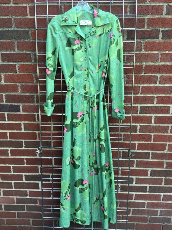1970s green floral maxi dress