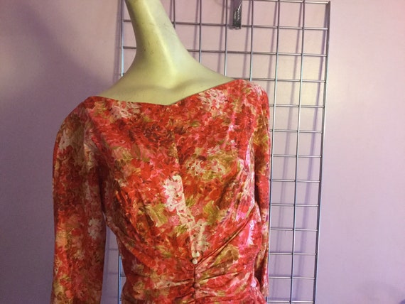 60s watercolor floral pleated dress. Lush pinks a… - image 3