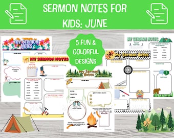 Kids Sermon Notes: June Bible Study Printable (PDF) Bible Journal, Study Worksheet, Children Sermon Activity