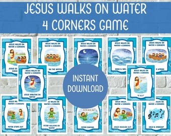 Jesus Walks on Water 4 Corners Bible Game: Kids Church Activity Digital Download, Bible lesson and Game, Preschool Elementary, Sunday School