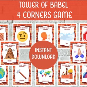 Pode incluir: Um conjunto de cartões ilustrados para o "Jogo dos 4 cantos da Torre de Babel". Cada cartão apresenta uma imagem e uma palavra diferentes, como "Tijolo", "Confusão" e "Céu". O jogo está disponível para download instantâneo.