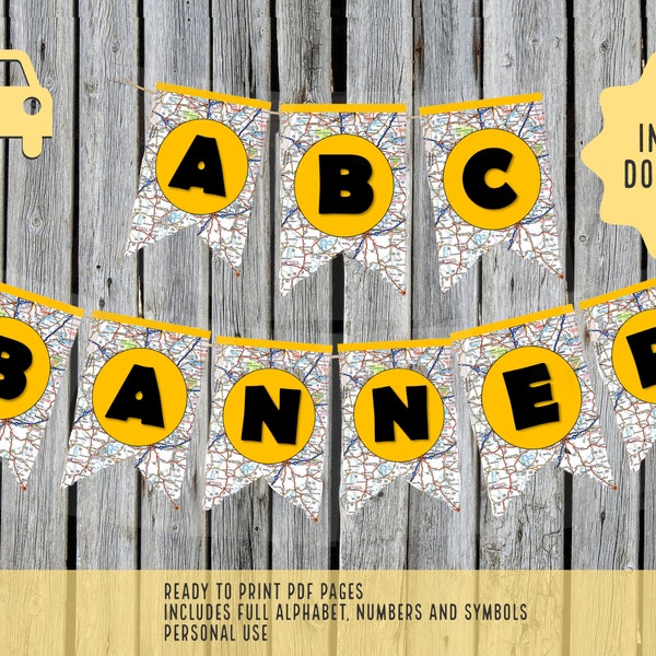 Road Map Travel Themed Banner| Black Lettering | School | Road Trip Party | DIY Banner| Instant Download | Printable |